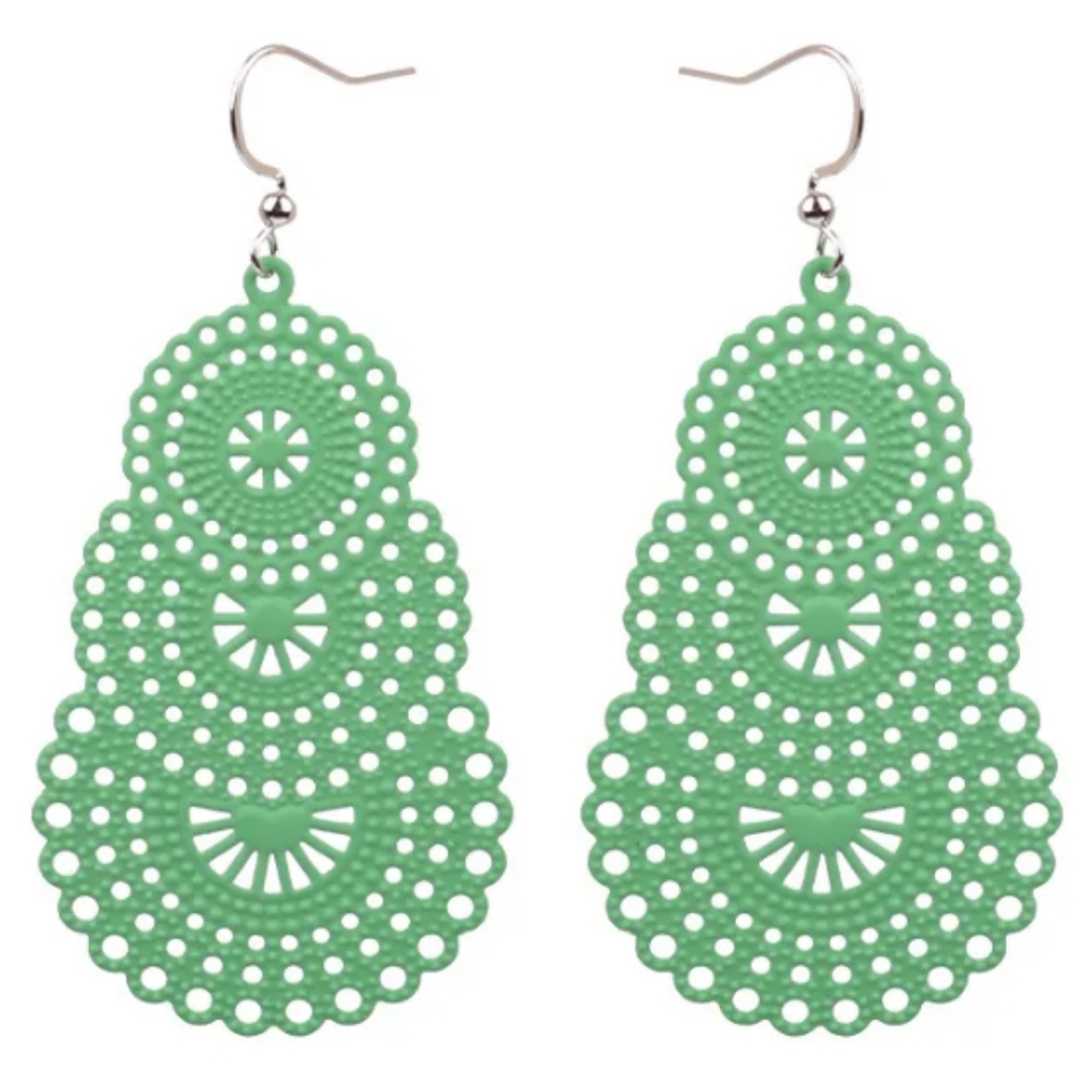 Mint Green Tiered Filigree Lace Earrings Big Cut Out Dangle Perforated Design